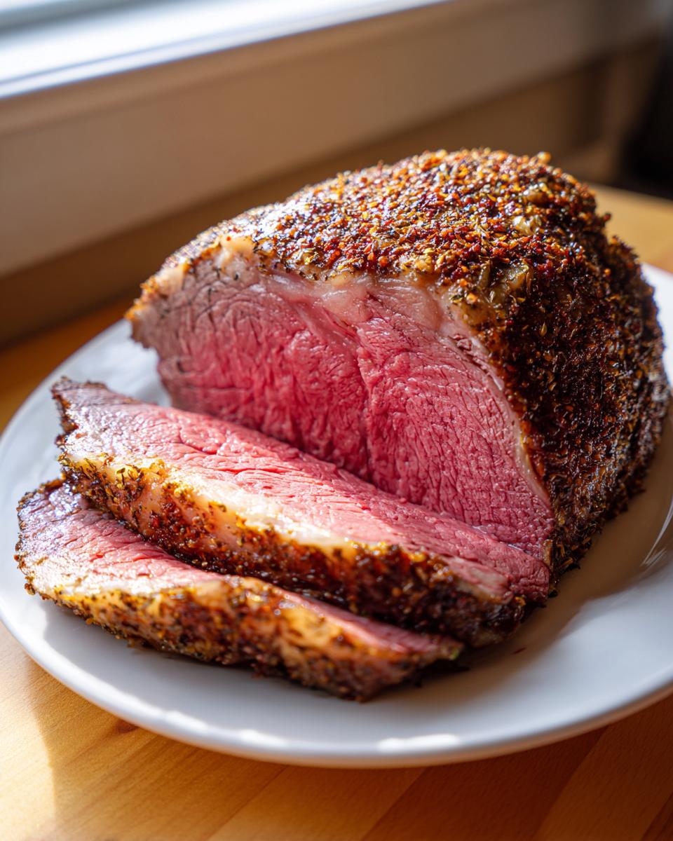Close-up of a perfectly cooked medium-rare rib roast, sliced to show the pink interior and seasoned crust.