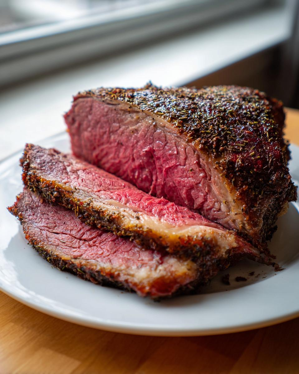 Close-up of a perfectly cooked medium-rare rib roast, sliced and resting on a white plate.