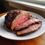 Close-up of a perfectly cooked medium-rare rib roast, sliced on a white plate, showing a dark herb crust.