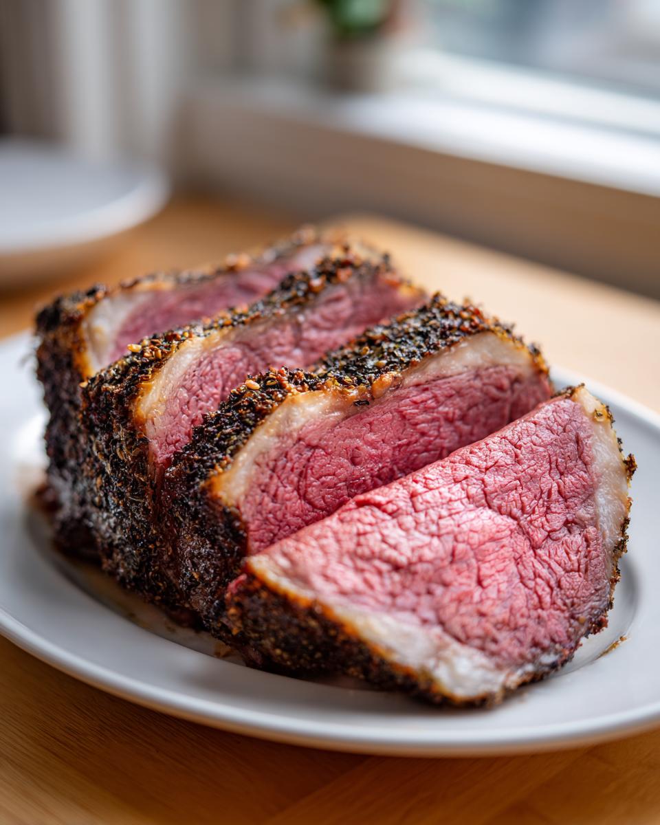 Close-up of thick slices of medium-rare rib roast with a dark, seasoned crust.