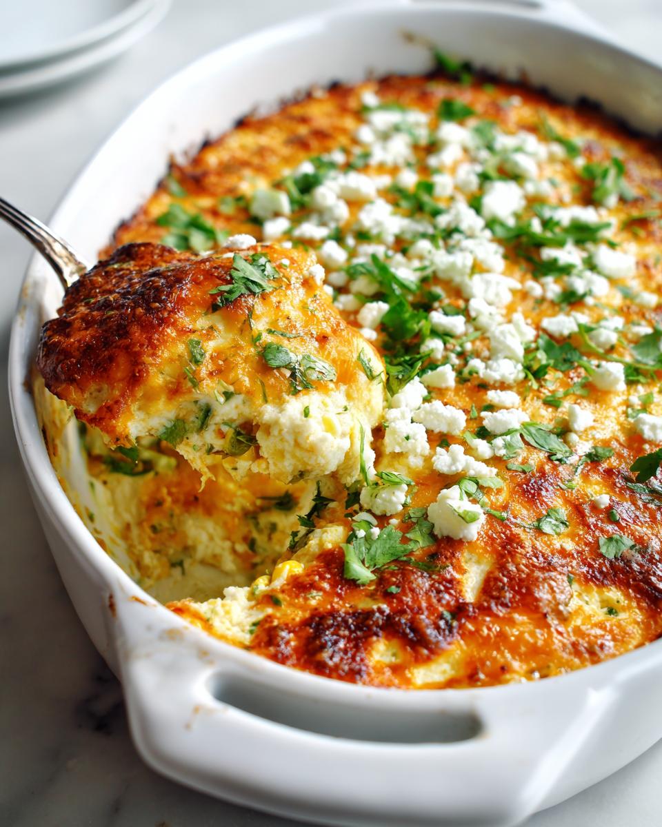 A spoonful of baked, cheesy street corn dip being lifted from a white casserole dish, topped with cotija cheese and cilantro.
