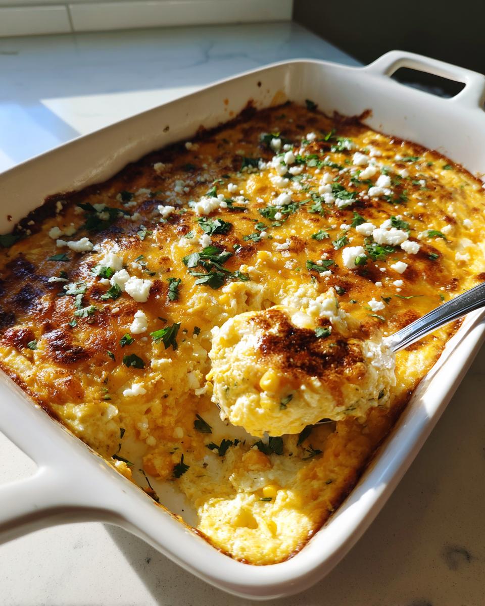 A spoonful of hot, cheesy street corn dip being lifted from a white baking dish, topped with feta and parsley.