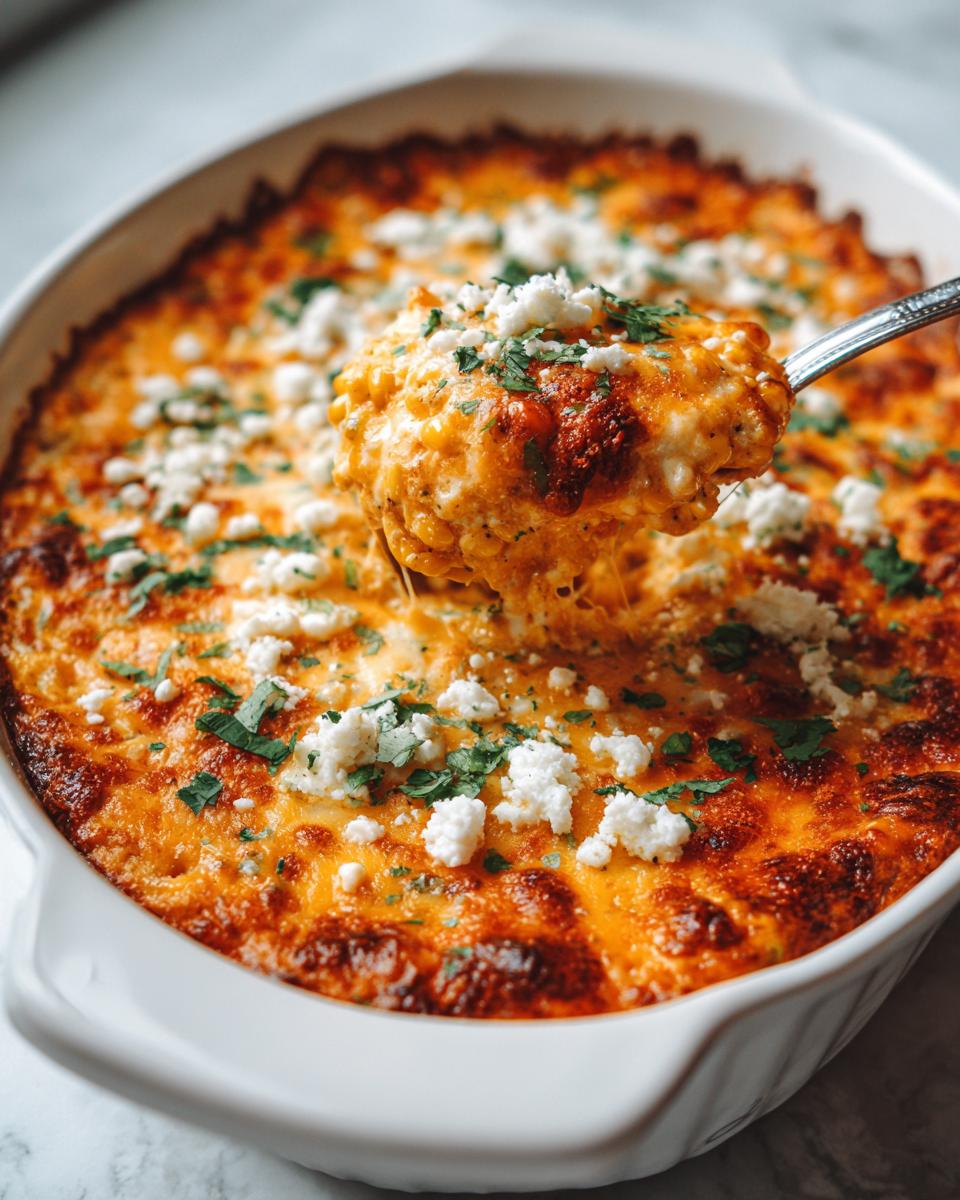 A spoonful of cheesy, baked street corn dip being lifted from a white casserole dish, topped with cotija cheese and cilantro.