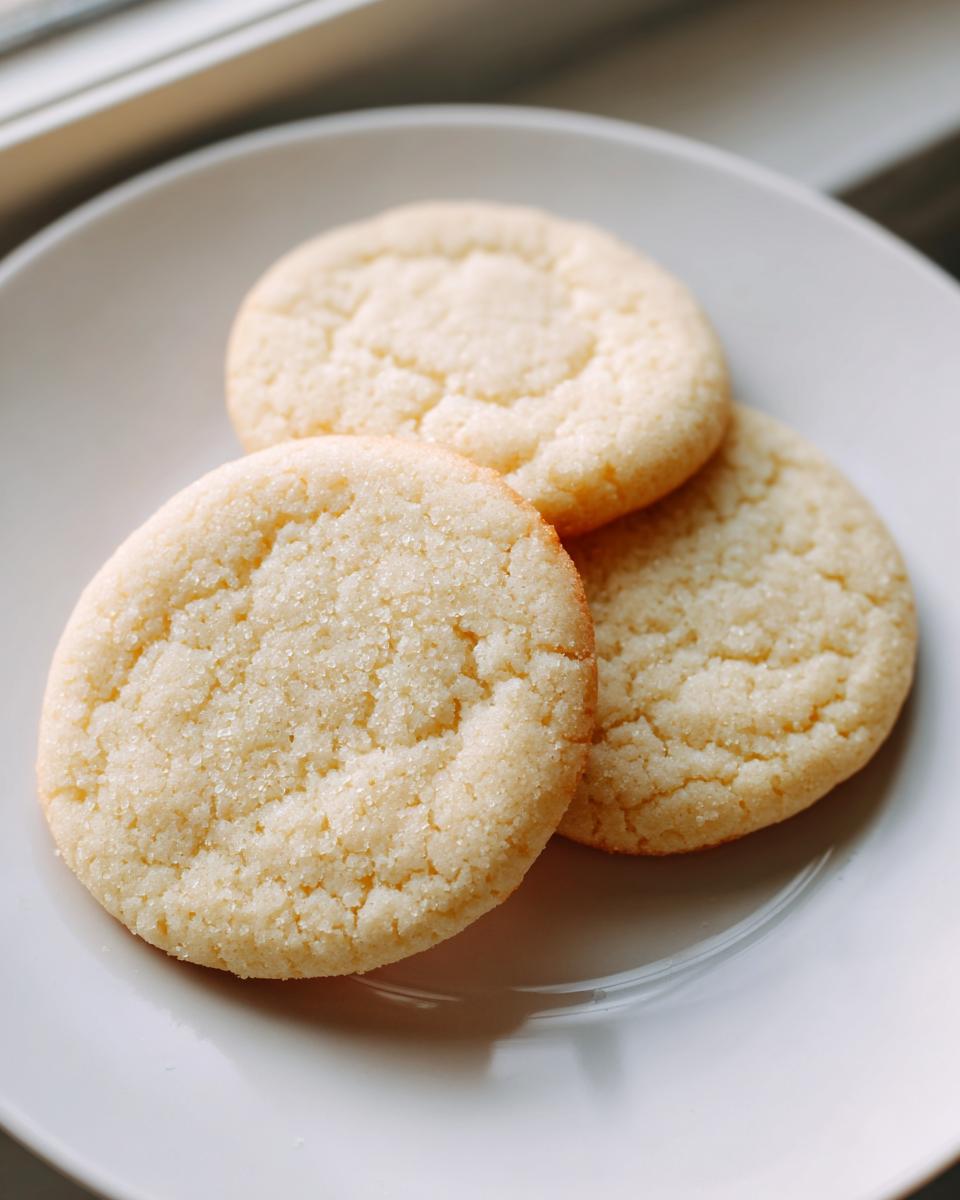 Close-up of three soft, round sugar cookie treats sprinkled with coarse sugar on a white plate.