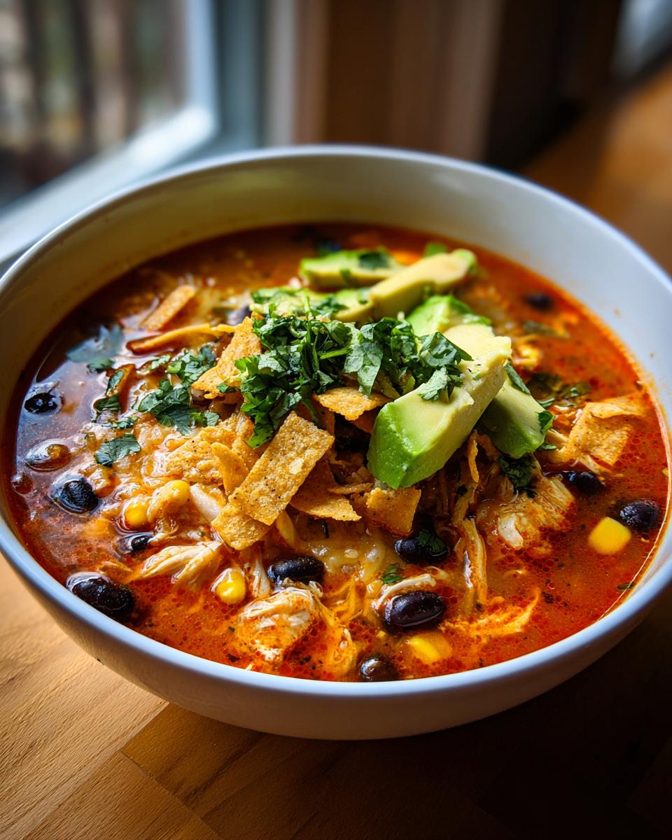 Close-up of a vibrant bowl of tortilla soup recipe, loaded with chicken, black beans, corn, and topped with avocado slices and cilantro.