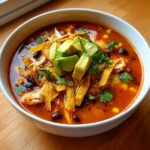 A close-up of a bowl filled with rich, red tortilla soup recipe, topped with avocado, tortilla strips, and cilantro.