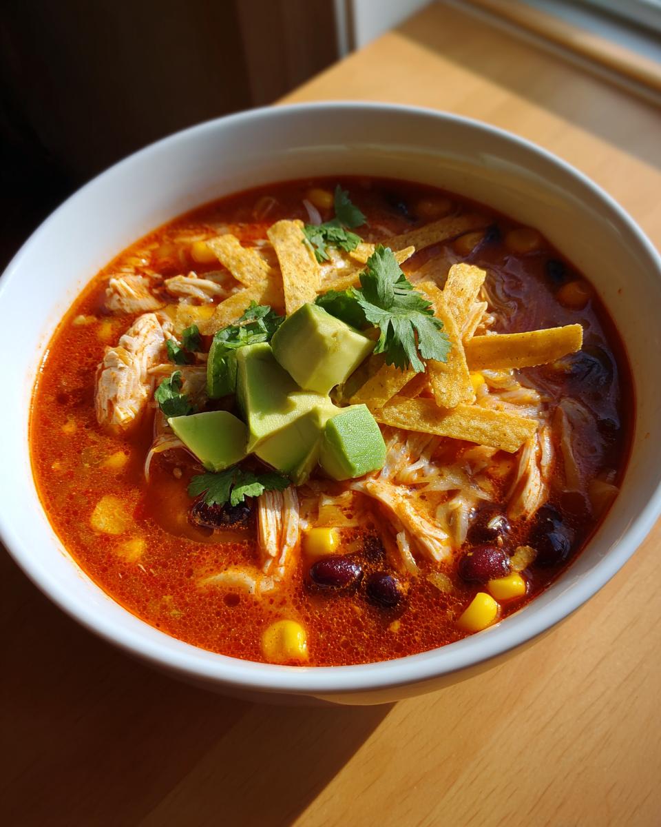 A vibrant bowl of tortilla soup recipe topped with shredded chicken, black beans, corn, avocado, cilantro, and tortilla strips.