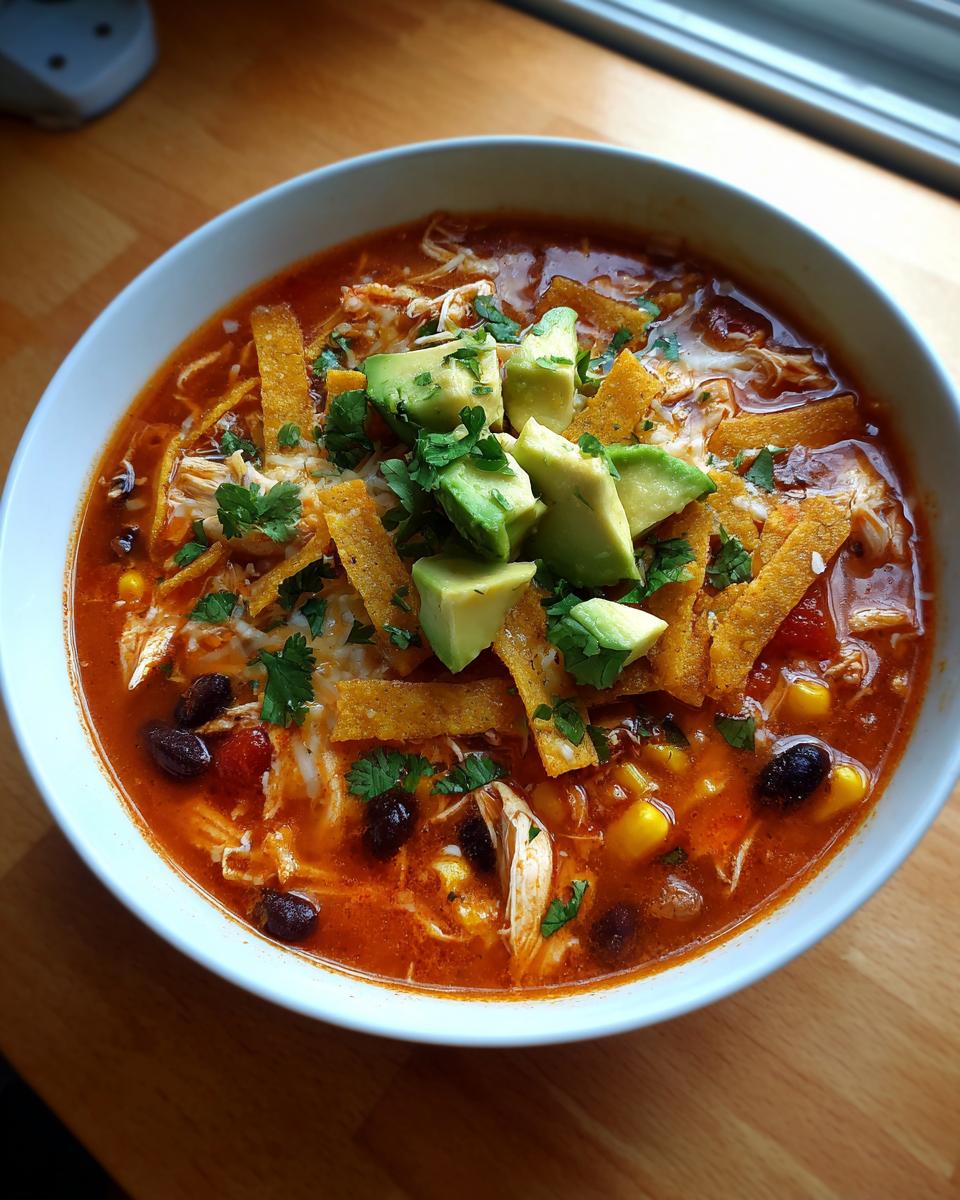 A vibrant bowl of amazing tortilla soup recipe topped with avocado, tortilla strips, cheese, and cilantro.