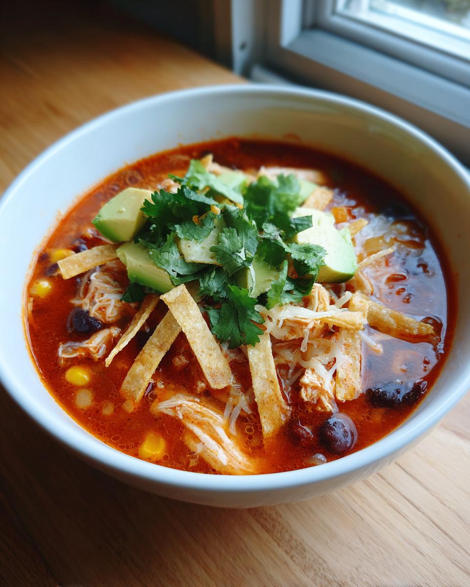 A close-up of a vibrant bowl of tortilla soup recipe, topped with shredded chicken, avocado, cilantro, and crispy tortilla strips.