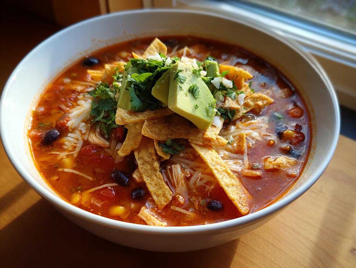 Close-up of a steaming bowl of amazing tortilla soup recipe, garnished with avocado slices and crispy tortilla strips.