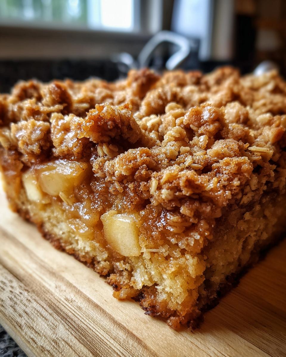 A close-up shot of a square slice of apple baked oatmeal with a thick, crunchy cinnamon crumble topping.