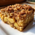 Close-up of a square slice of apple baked oatmeal showing chunks of apple and a crunchy, cinnamon crumb topping.
