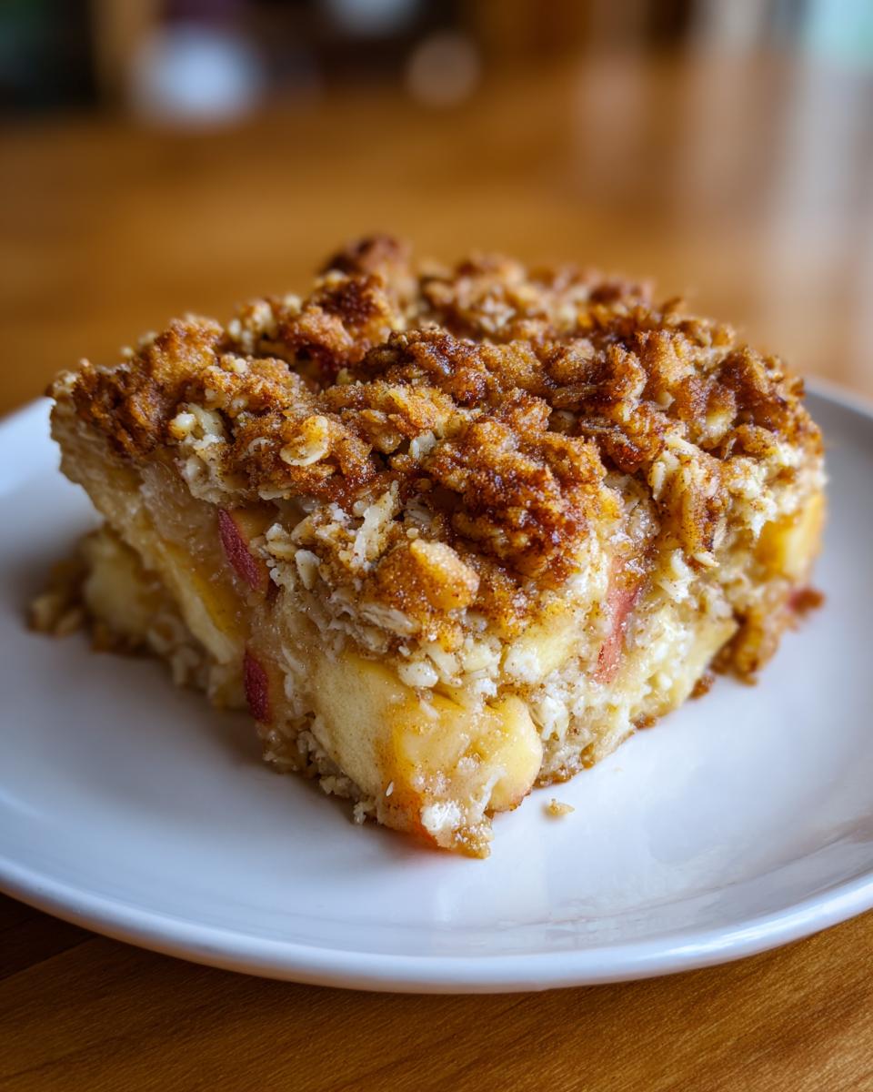 A close-up of a square slice of apple baked oatmeal with a thick, cinnamon-sugar crumb topping on a white plate.