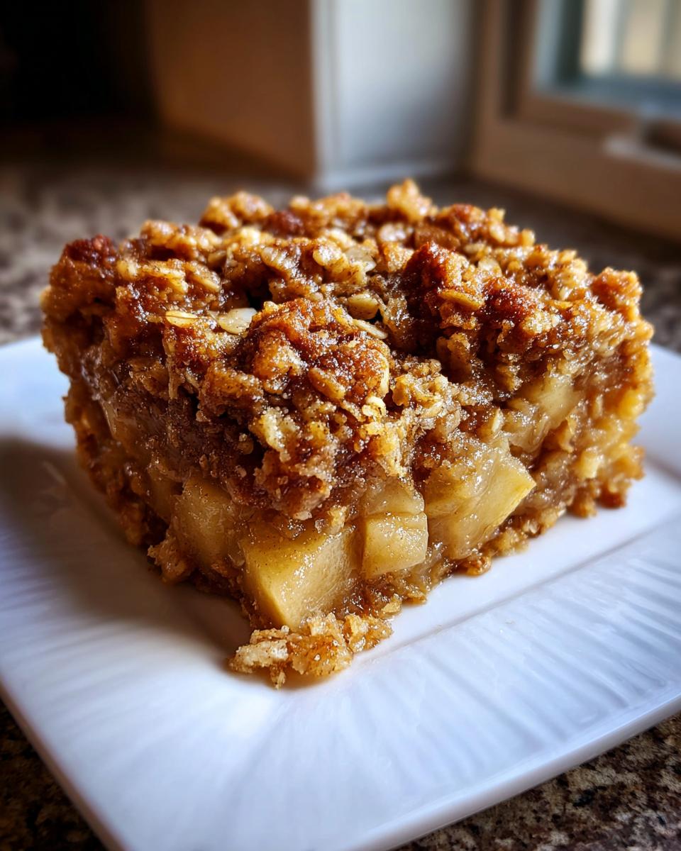 Close-up of a square slice of apple baked oatmeal with a thick, crunchy oat crumble topping.
