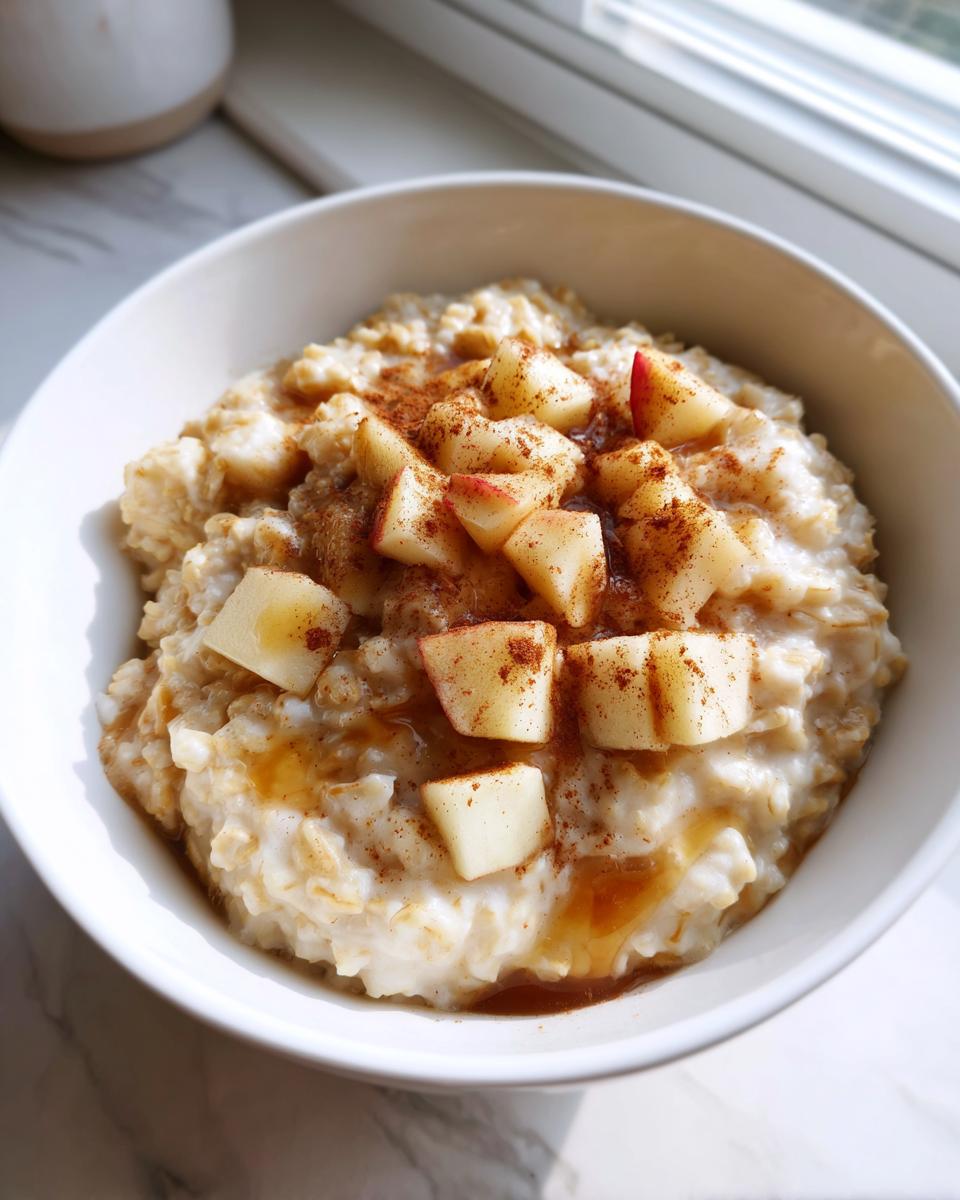 Close-up of a white bowl filled with creamy apple cinnamon oatmeal, topped with diced apples and a sprinkle of cinnamon.