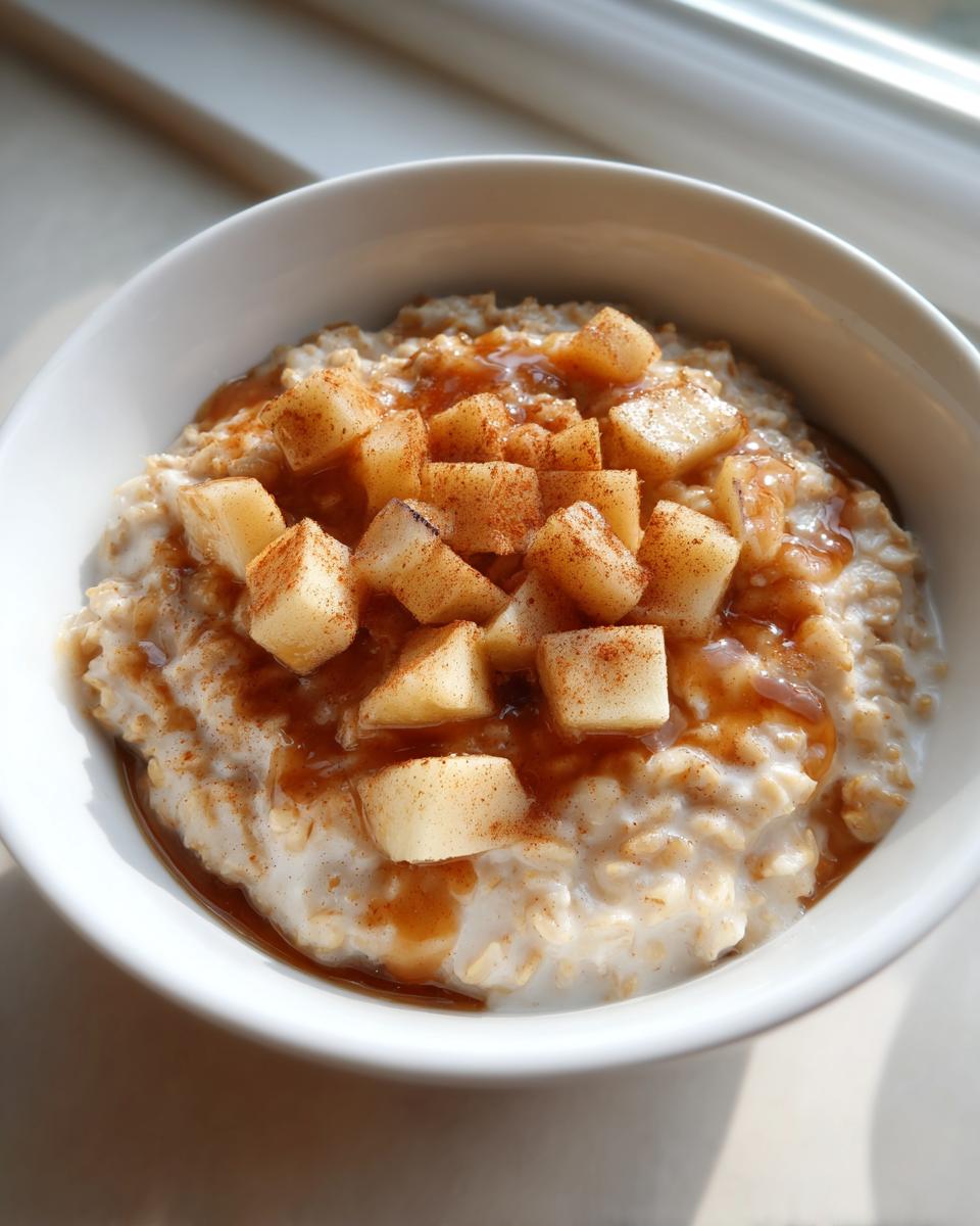 A close-up view of creamy apple cinnamon oatmeal topped with diced apples and cinnamon spice.