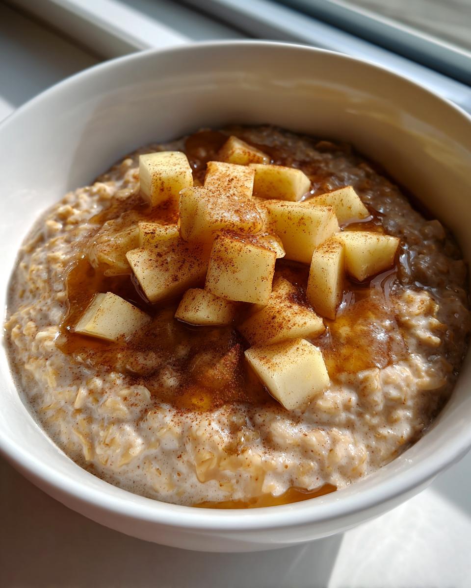 A close-up of a white bowl filled with creamy apple cinnamon oatmeal, topped with diced apples, cinnamon, and a drizzle of syrup.