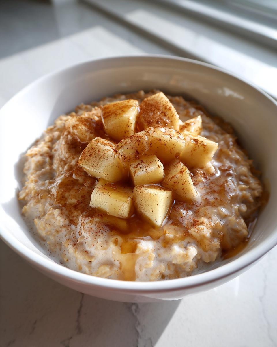 A close-up view of creamy apple cinnamon oatmeal topped with diced apples, cinnamon, and syrup in a white bowl.