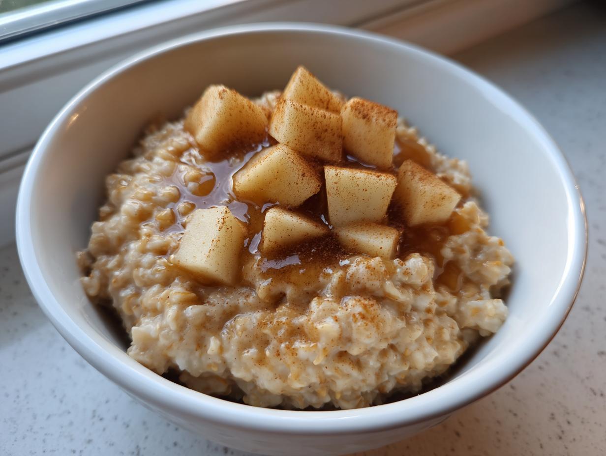 Close-up of a white bowl filled with creamy apple cinnamon oatmeal, topped with diced apples, syrup, and cinnamon.