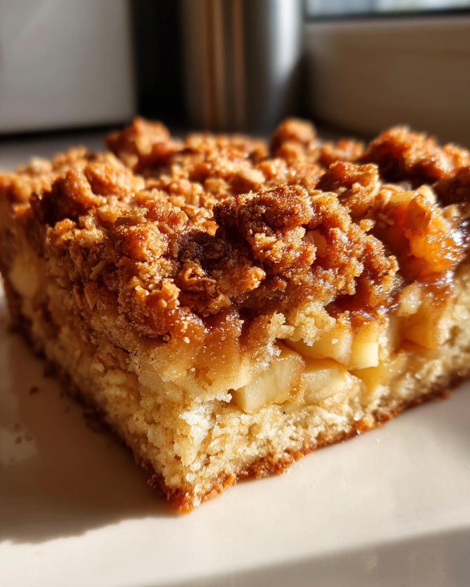 Close-up of a square slice of baked oatmeal with visible apple chunks and a thick, crunchy brown sugar crumb topping.