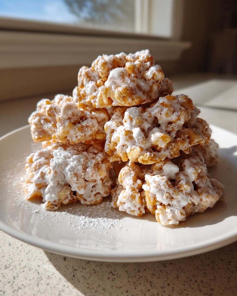 A stack of freshly made avalanche cookies, coated in white icing and powdered sugar, sitting on a white plate.
