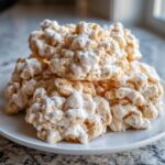 A stack of homemade avalanche cookies covered in white chocolate glaze and powdered sugar on a white plate.