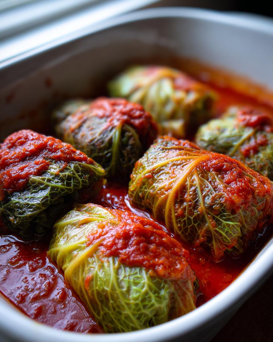 Close-up of baked cabbage rolls nestled in a white dish, generously covered with vibrant red tomato sauce.