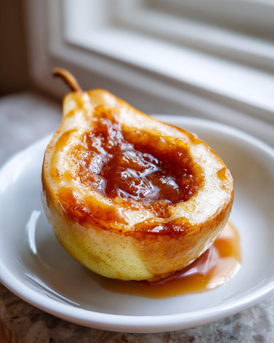 A single baked pear, halved and filled with glistening, caramelized brown sugar sauce, served in a white bowl.