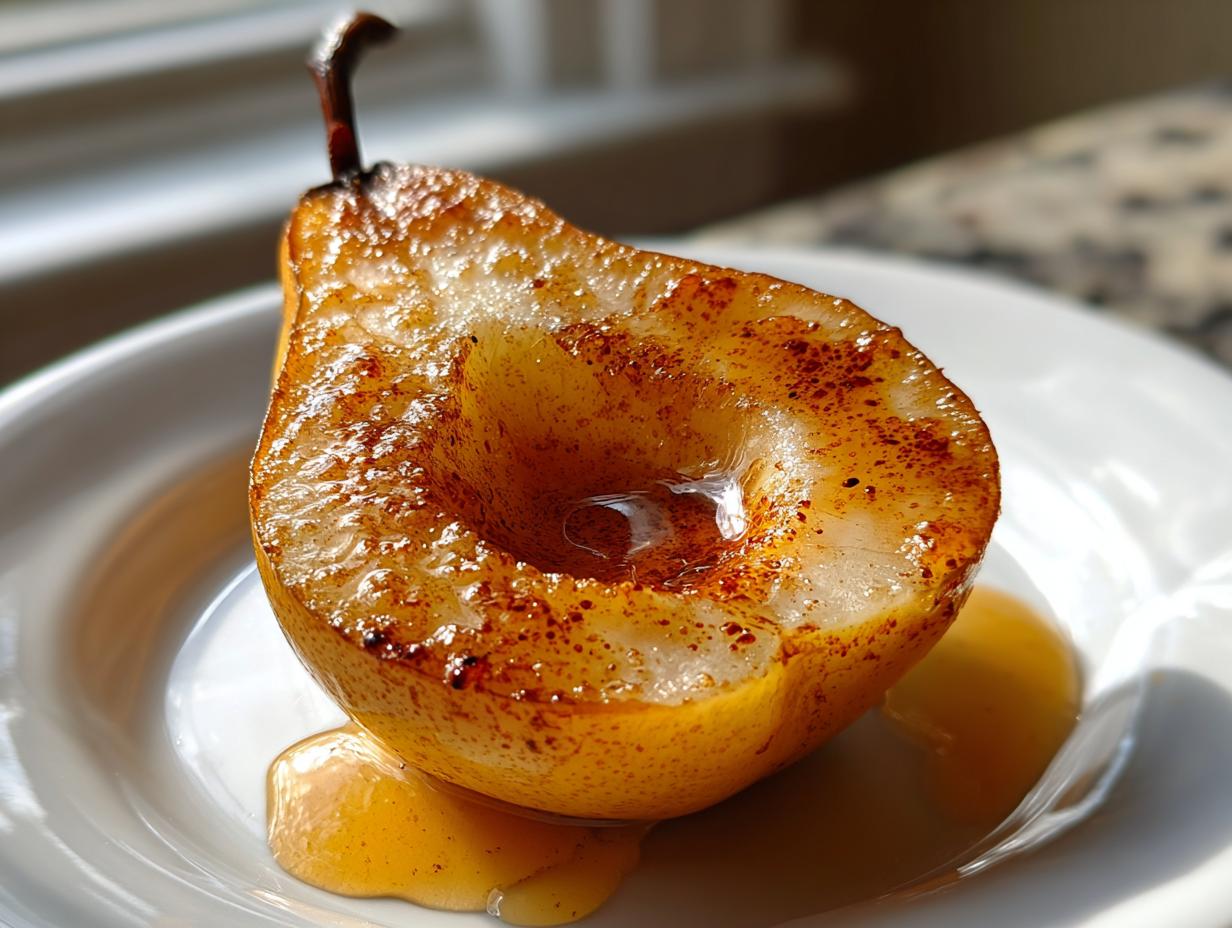 A close-up of a single, halved baked pear, caramelized and sprinkled with cinnamon, sitting in syrup on a white plate.