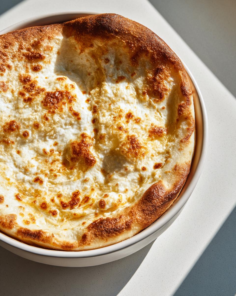 Close-up of a baked pizza crust generously topped with creamy white pizza sauce and browned cheese spots.
