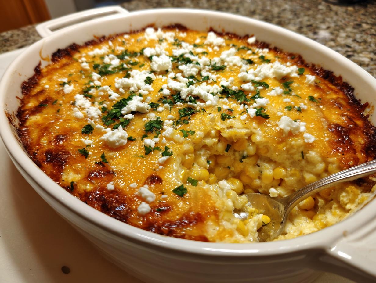 A close-up of a baked street corn dip in a white oval dish, topped with melted orange cheese and crumbled white cheese.