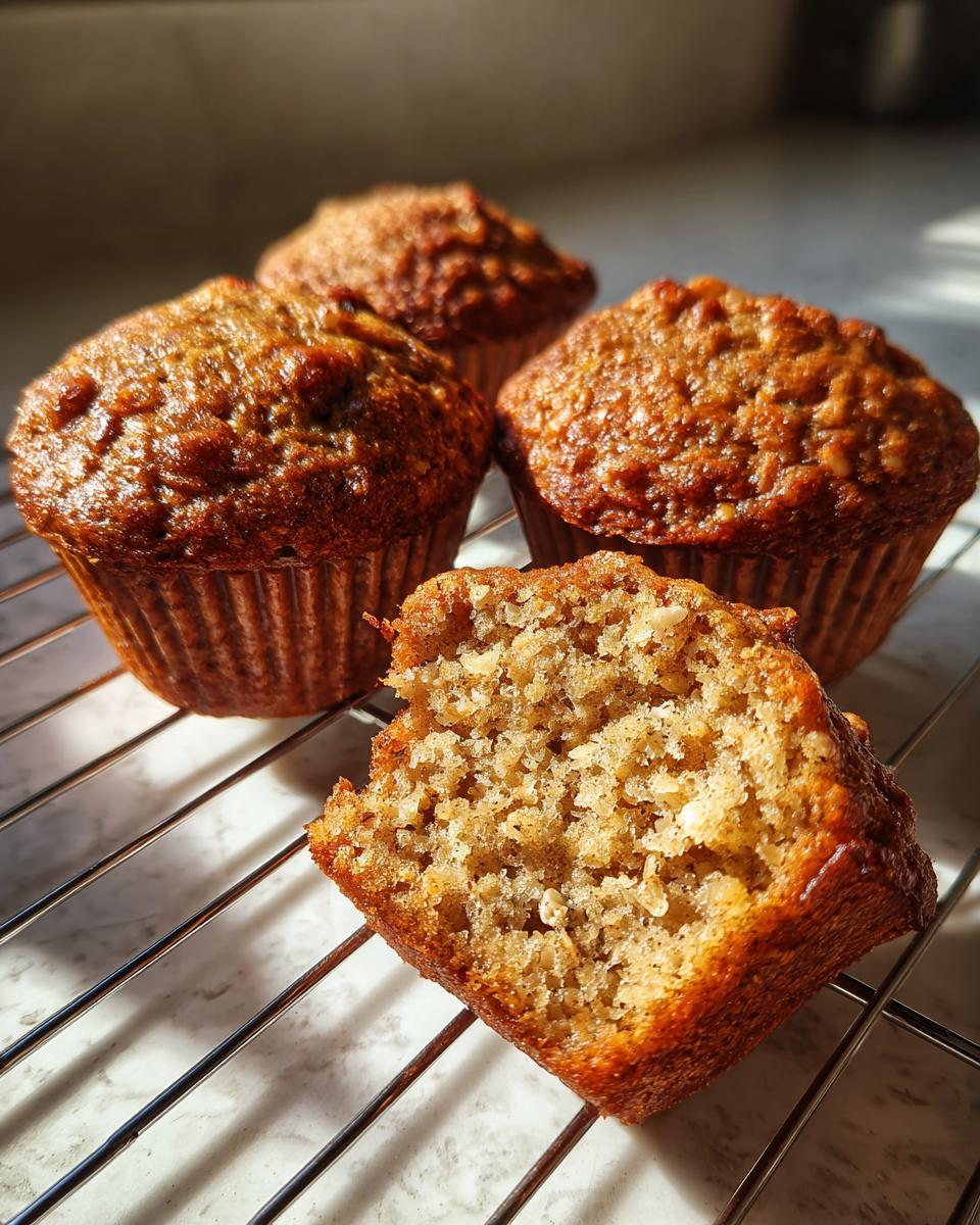 Close-up of moist banana oatmeal muffins cooling, with one muffin broken open to show the texture.