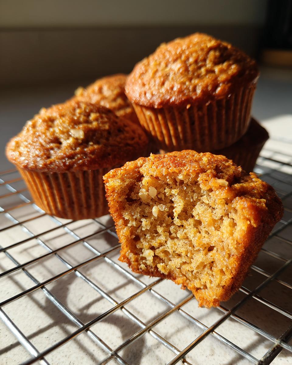 A close-up of freshly baked banana oatmeal muffins cooling on a wire rack, one muffin is broken open showing the texture.