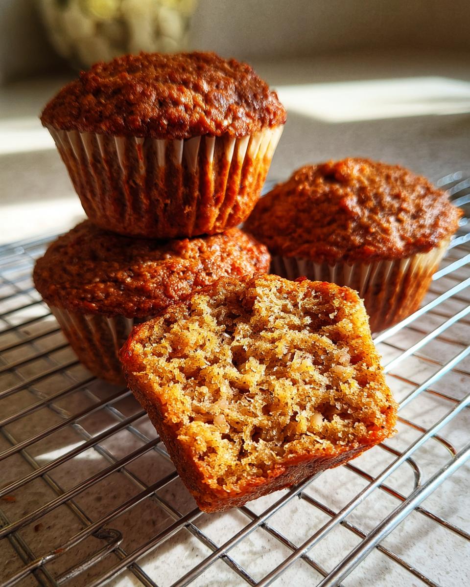 Close-up of moist banana oatmeal muffins, one cut in half showing the texture, cooling on a wire rack.