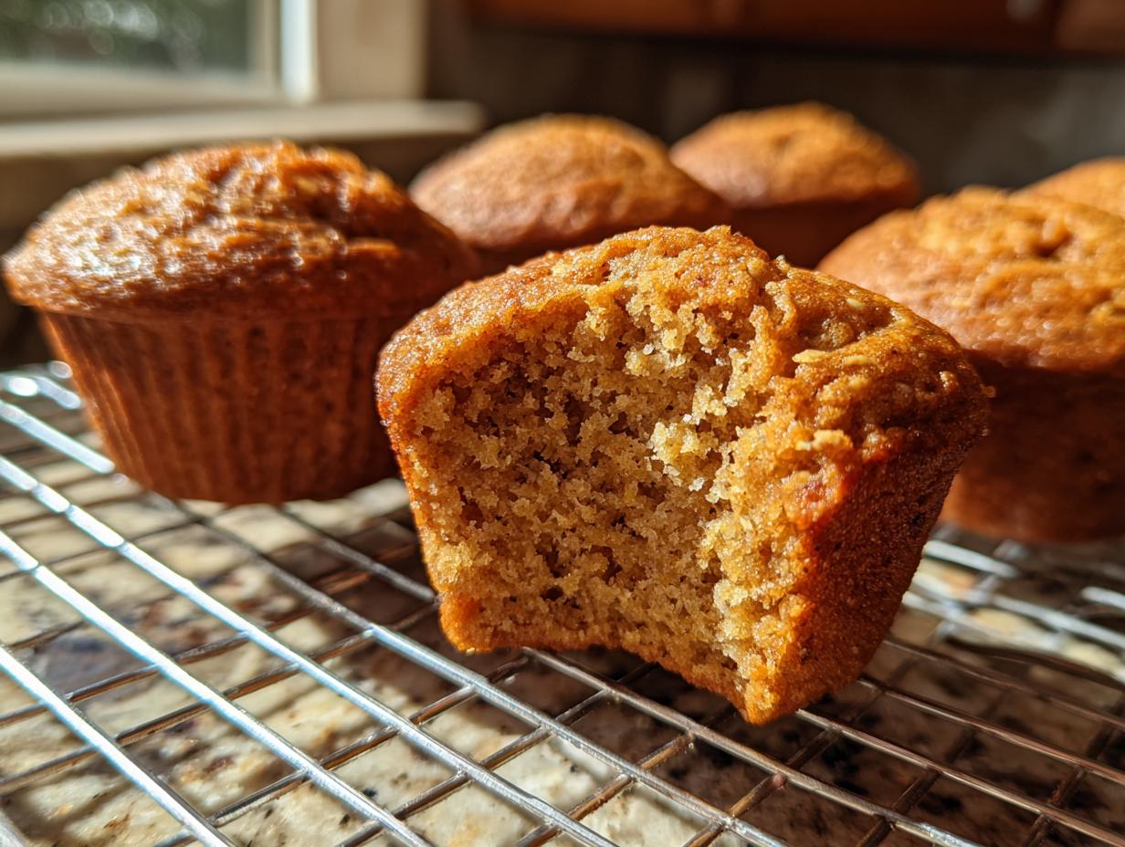 A banana oatmeal muffin with a bite taken out, showing the moist interior, resting on a cooling rack with more muffins behind it.