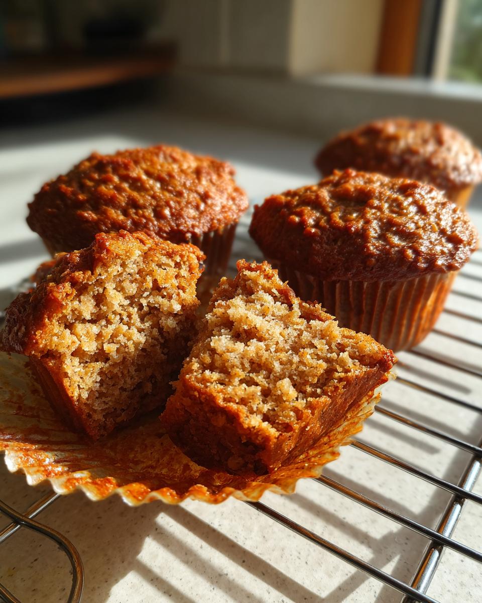 A banana oatmeal muffin is broken in half showing the moist interior, resting next to whole oatmeal muffins on a cooling rack.