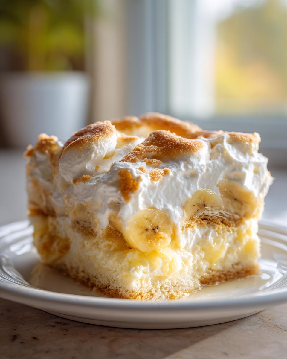 A decadent slice of banana pudding featuring layers of cream, vanilla wafers, bananas, and toasted meringue topping.