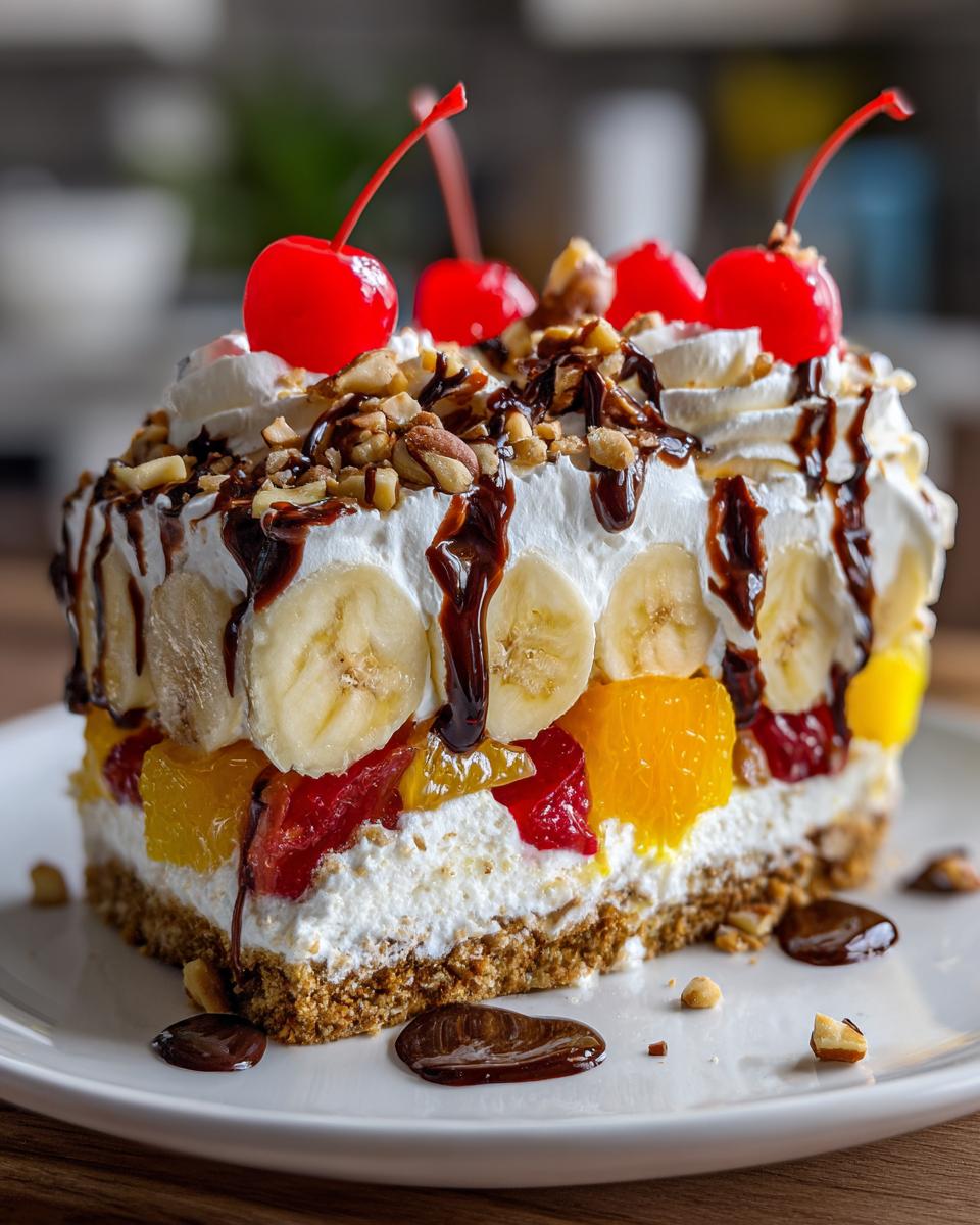 A decadent slice of banana split cake featuring layers of fruit, cream, a graham cracker crust, topped with whipped cream, nuts, and cherries.