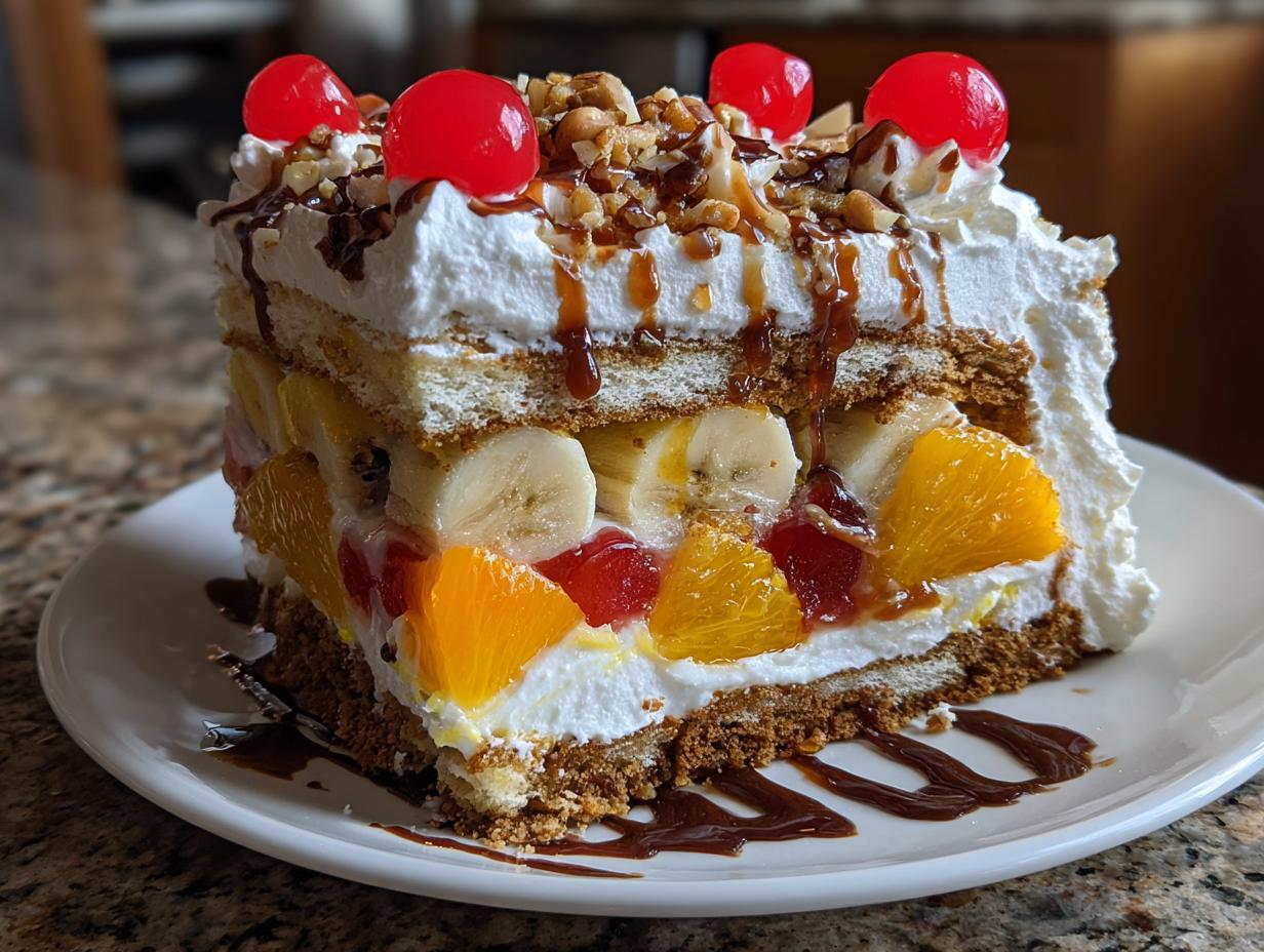 A tall slice of amazing banana split cake layered with fruit, whipped cream, and topped with cherries and nuts.