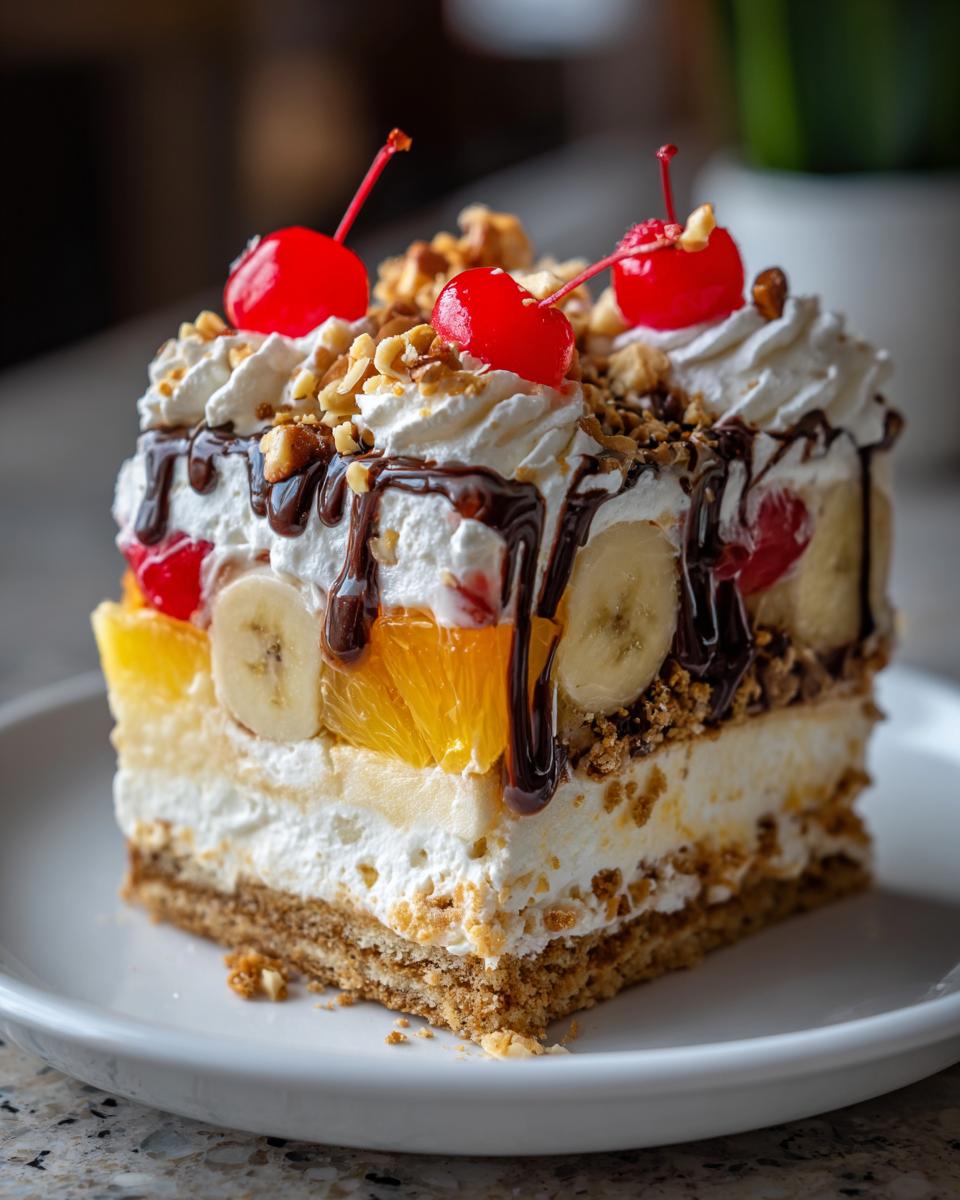 A decadent slice of banana split cake featuring layers of crust, cream, fruit like bananas and oranges, topped with whipped cream, nuts, and maraschino cherries.