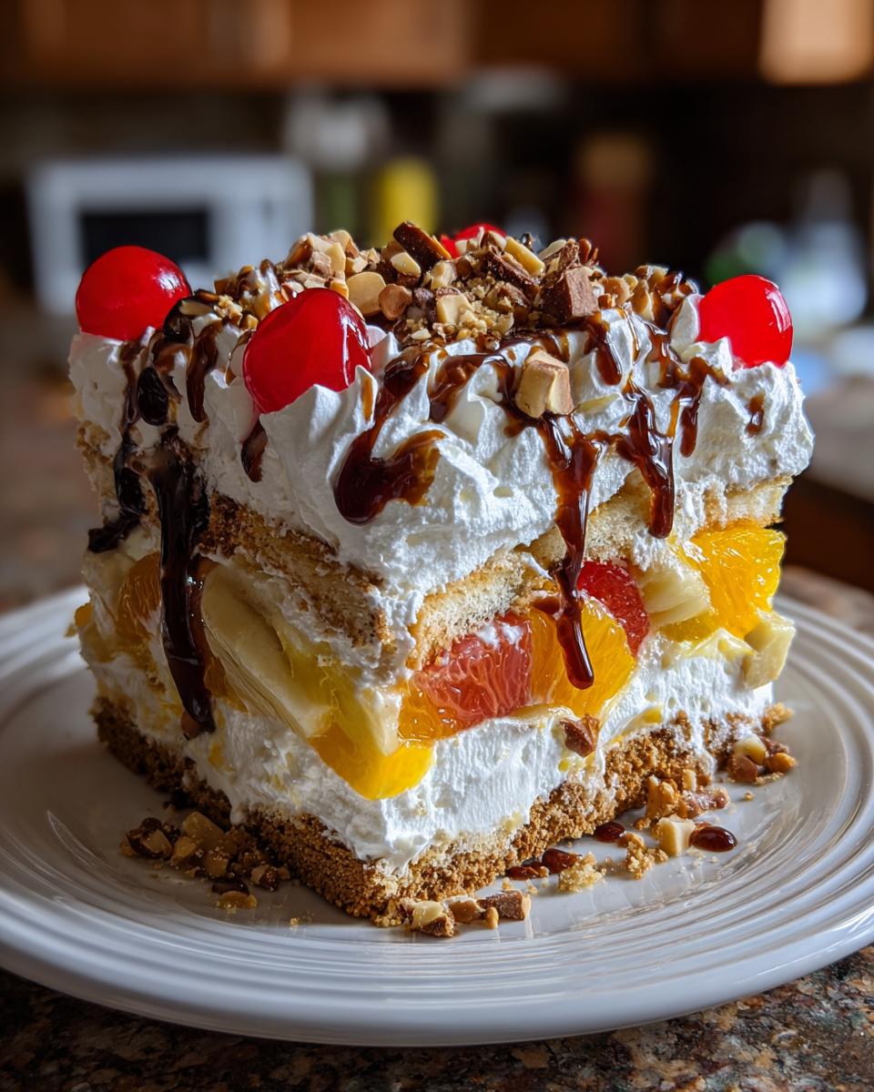 A decadent slice of banana split cake layered with fruit, whipped cream, and topped with cherries and nuts.