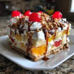A close-up of a layered slice of banana split cake topped with whipped cream, nuts, chocolate sauce, and cherries.