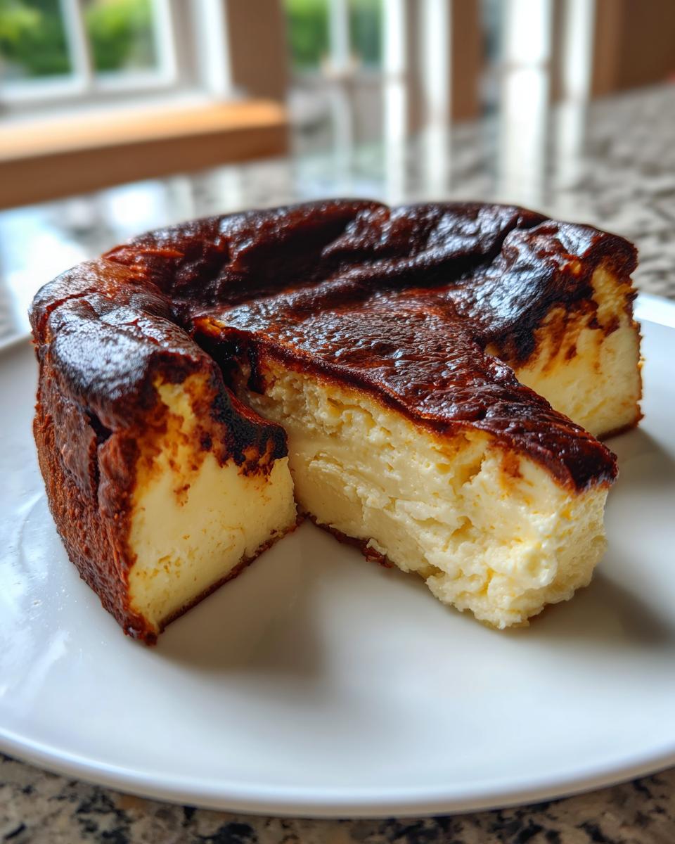A slice cut from a creamy Basque cheesecake showing its signature dark, caramelized top and soft interior.