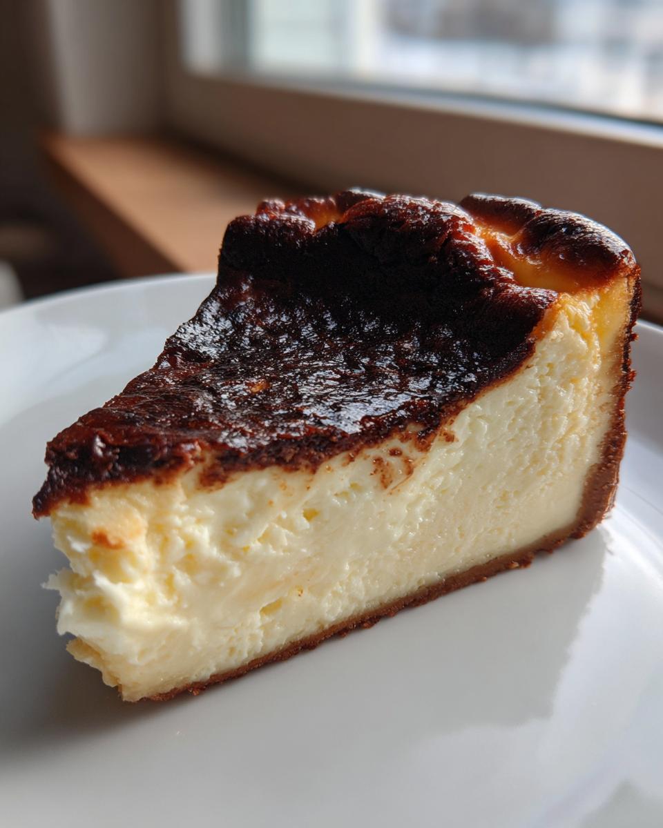 A close-up shot of a creamy slice of Basque cheesecake with a deeply caramelized, burnt top, served on a white plate.