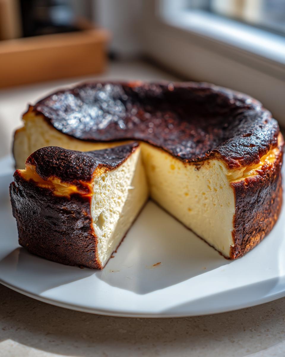 A whole Basque cheesecake with a slice removed, showing the creamy interior and dark caramelized top.