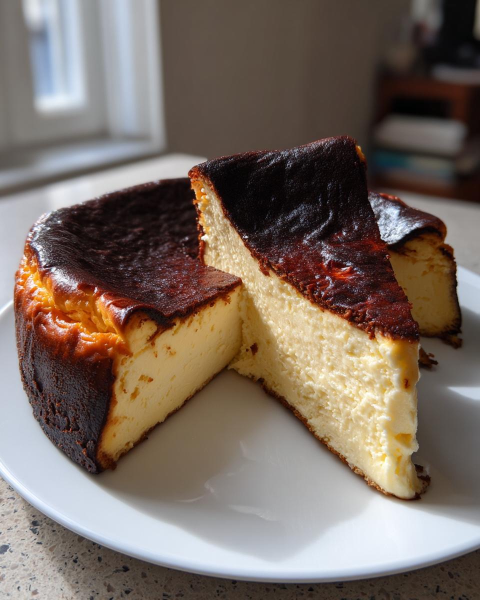 A creamy Basque cheesecake with a deeply caramelized, nearly burnt top, sliced on a white plate.