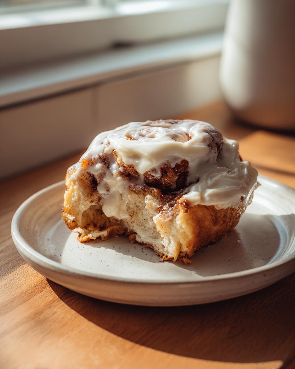 A close-up of a soft cinnamon roll with thick white frosting, having a bite taken out, showcasing the swirls of cinnamon. Perfect for cinnamon rolls with heavy cream recipes.