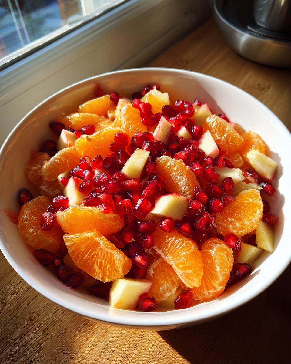 Close-up of a vibrant winter fruit salad featuring bright orange segments, diced apple, and jewel-toned pomegranate seeds.