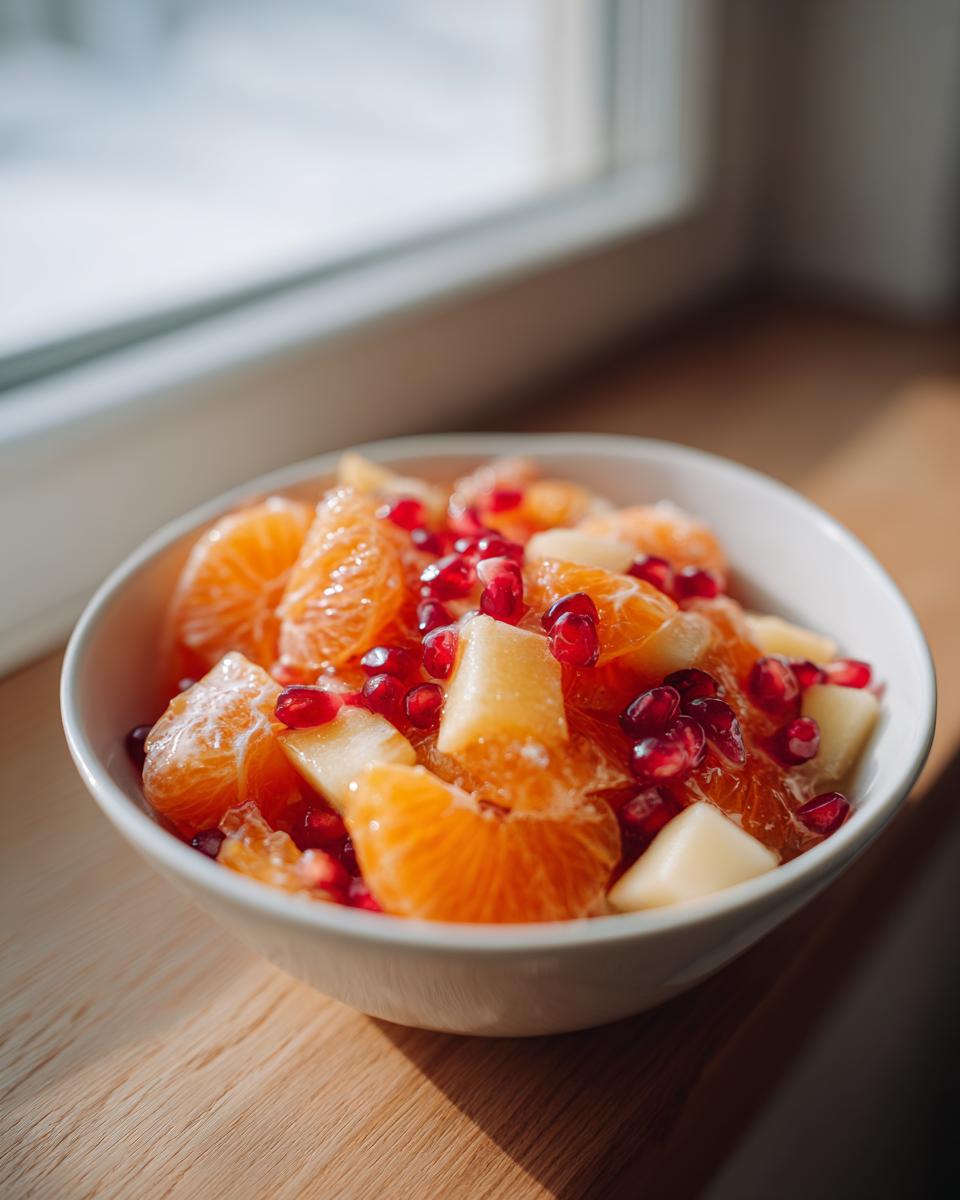 Close-up of a bright winter fruit salad featuring orange segments, white fruit chunks, and vibrant red pomegranate seeds.
