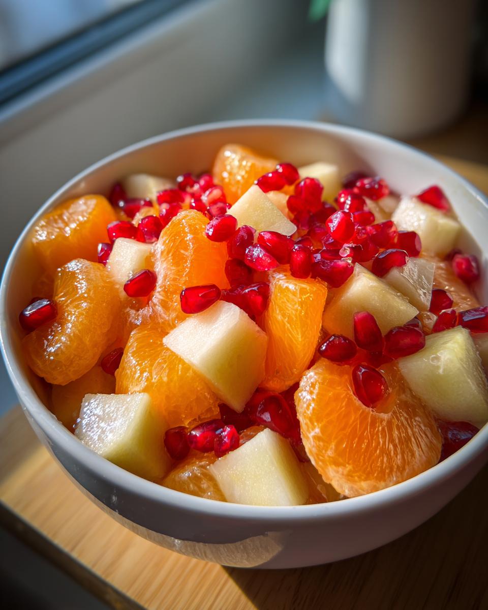 Close-up of a white bowl filled with a vibrant winter fruit salad featuring mandarin segments, diced pear, and bright red pomegranate seeds.